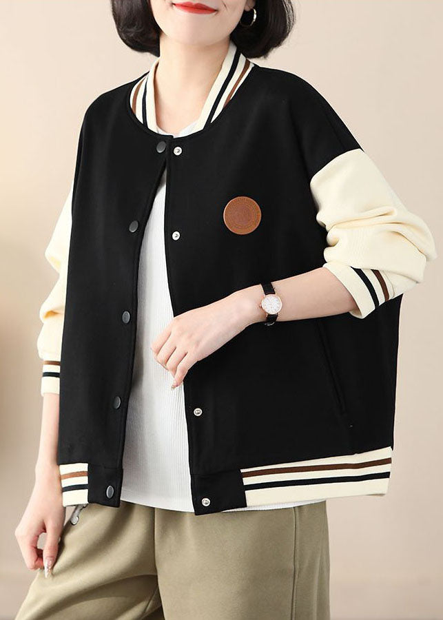 Casual Black Stand Collar Oversized Patchwork Cotton Coats Spring