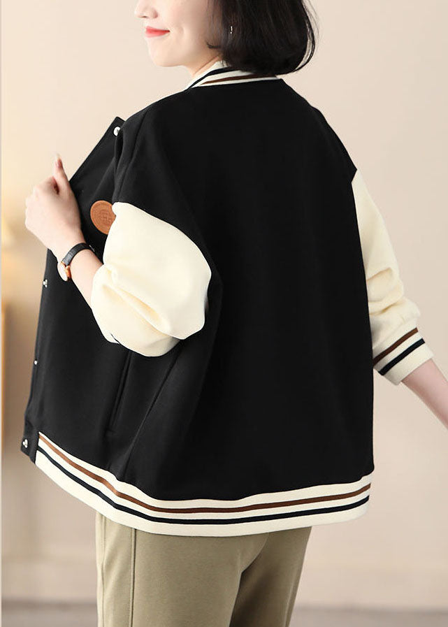 Casual Black Stand Collar Oversized Patchwork Cotton Coats Spring
