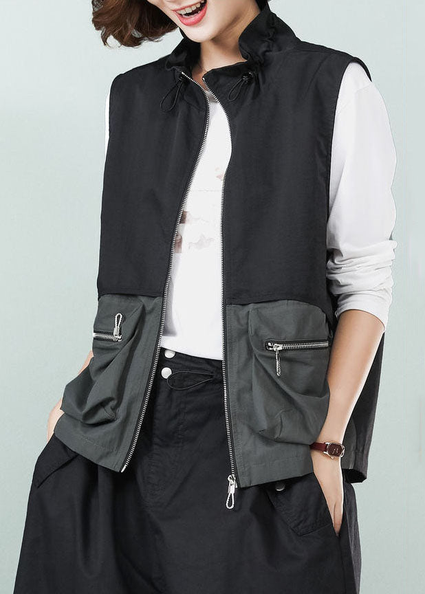 Casual Black Stand Collar Patchwork Drawstring Cotton Vest Spring