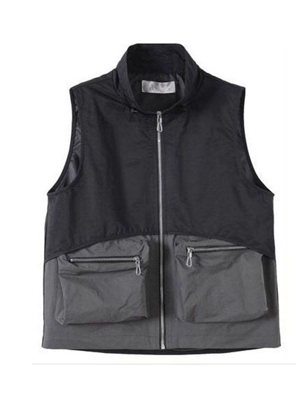 Casual Black Stand Collar Patchwork Drawstring Cotton Vest Spring