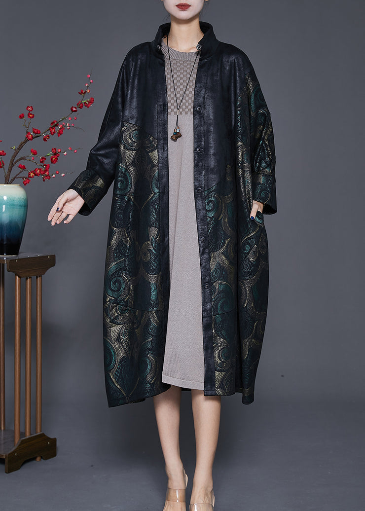 Casual Black Stand Collar Patchwork Print Faux Suede Trench Fall