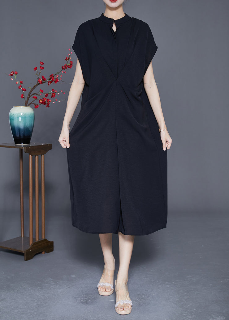 Casual Black Stand Collar Wrinkled Spandex Long Dresses Summer