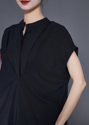Casual Black Stand Collar Wrinkled Spandex Long Dresses Summer