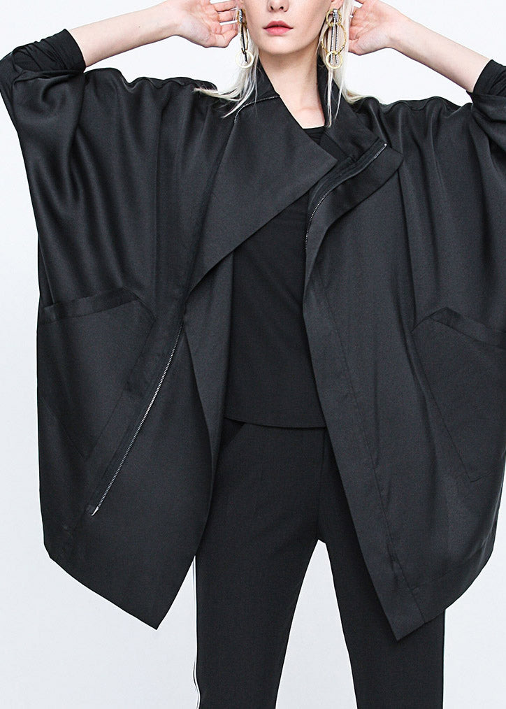 Casual Black Stand Collar Zippered Batwing Trench Coats Long Sleeve