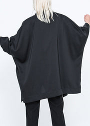 Casual Black Stand Collar Zippered Batwing Trench Coats Long Sleeve