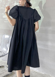 Casual Black Striped Cotton O Neck Cinched Dress - SooLinen