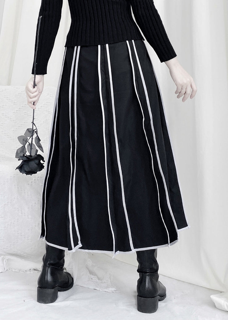 Casual Black Striped Patchwork Elastic Waist A Line Skirt Fall