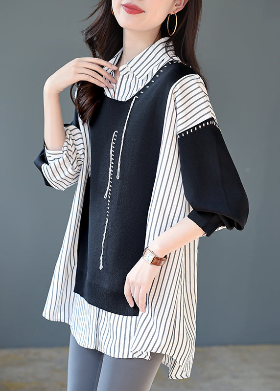 Casual Black Striped Patchwork Low High Design Fake Two Pieces Shirt Long Sleeve