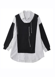 Casual Black Striped Patchwork Low High Design Fake Two Pieces Shirt Long Sleeve
