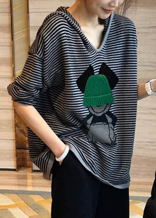 Casual Black Striped Print Hooded Patchwork Cotton Top Fall