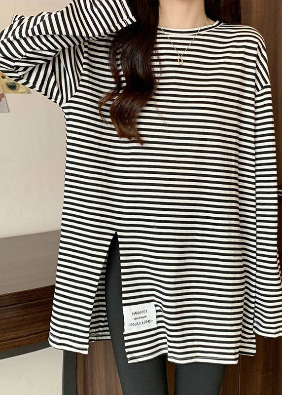 Casual Black Striped Side Open Applique Cotton Shirt Spring