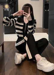 Casual Black Striped Tops And Pants Cotton Two Pieces Set Spring