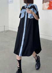 Casual Black Summer Splicingpocke Patchwork Maxi Dresses Short Sleeve Cotton - SooLinen