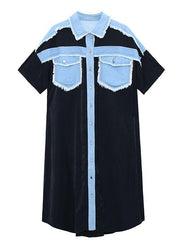 Casual Black Summer Splicingpocke Patchwork Maxi Dresses Short Sleeve Cotton - SooLinen