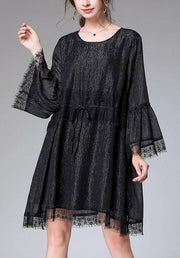 Casual Black Tie Waist Flare Sleeve Mini Summer Chiffon Dress - SooLinen