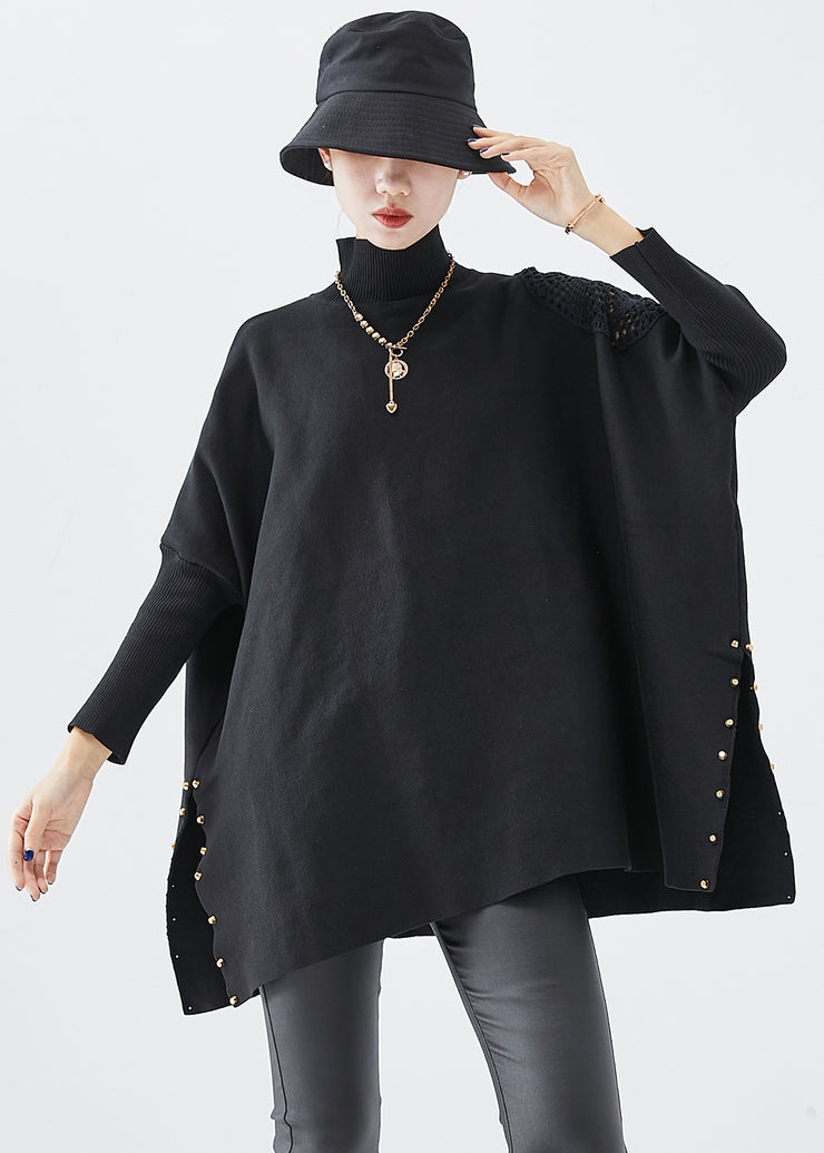 Casual Black Turtle Neck Oversized Side Open Knit Top Fall