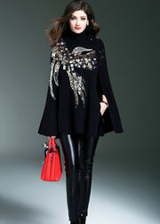 Casual Black Turtle Neck Sequins Knit Sweater Cloak Sleeves