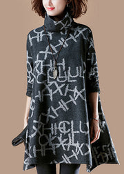 Casual Black Turtleneck Alphabet Print Warm Fleece Thick Cotton Pullover Fall