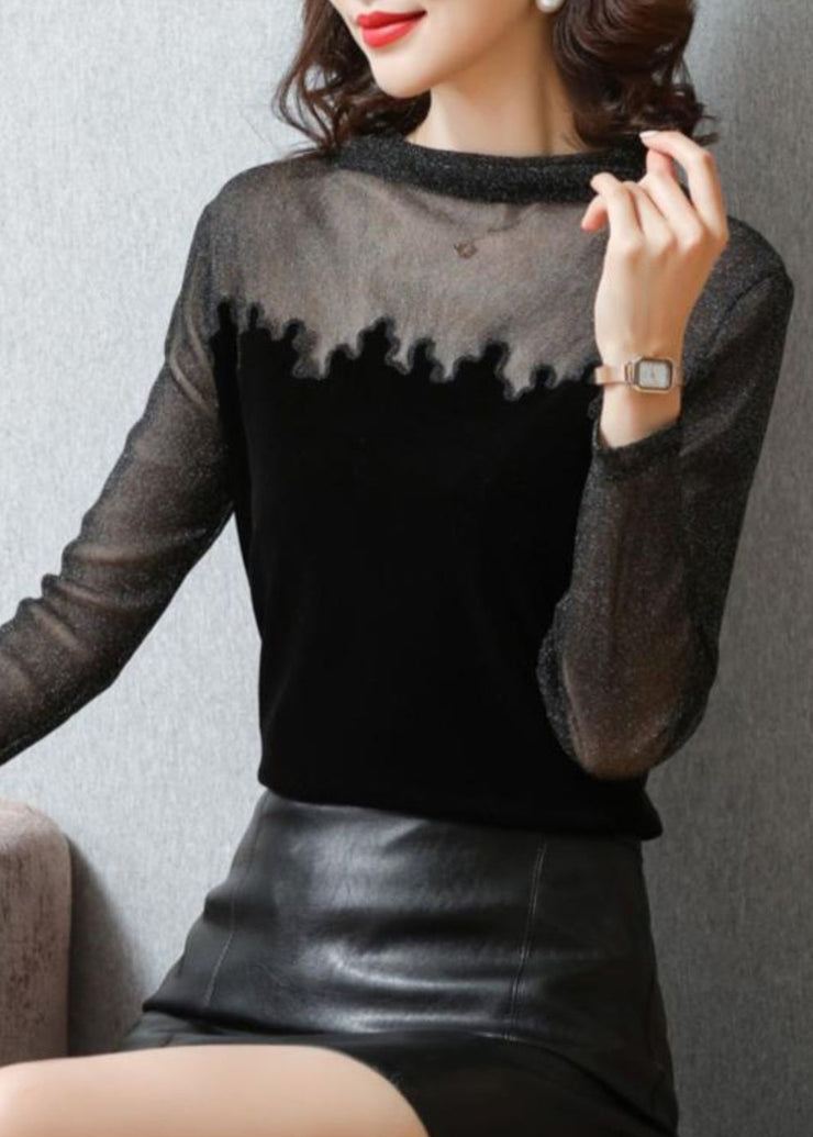 Casual Black Turtleneck Lace Tulle Patchwork Velour Tops Bottoming Shirt