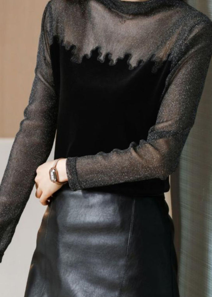 Casual Black Turtleneck Lace Tulle Patchwork Velour Tops Bottoming Shirt