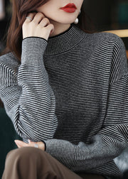 Casual Black Turtleneck Striped Patchwork Woolen Knit Top Long Sleeve