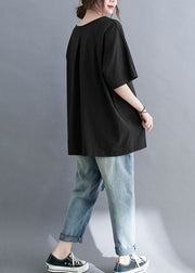 Casual Black V Neck Patchwork Cotton T Shirt Tops Summer