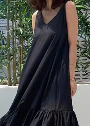 Casual Black V Neck Patchwork Wrinkled Cotton Dress Summer