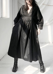 Casual Black V Neck Patchwork Wrinkled Maxi Dress Long Sleeve