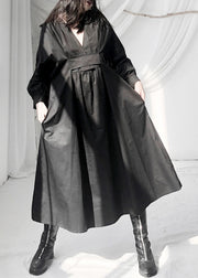 Casual Black V Neck Patchwork Wrinkled Maxi Dress Long Sleeve