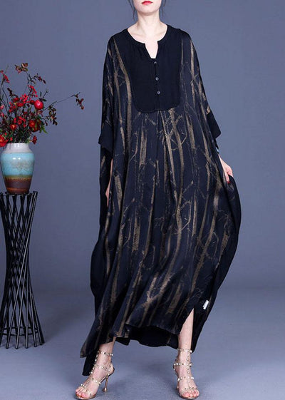 Casual Black V Neck Print Patchwork Silk Summer Dresses Batwing Sleeve - SooLinen