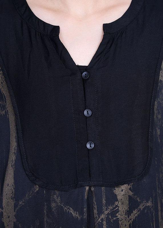 Casual Black V Neck Print Patchwork Silk Summer Dresses Batwing Sleeve - SooLinen