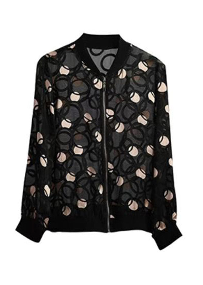 Casual Black V Neck Print Zippered Silk UPF 50+ Coat Long Sleeve