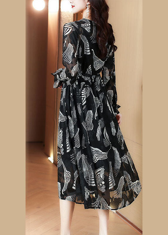 Casual Black V Neck Tie Waist Print Chiffon Holiday Dress Spring