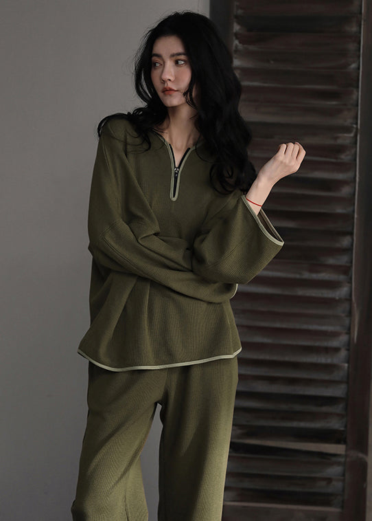 Casual Black V Neck Zippered Couple Pajamas Two Pieces Set Long Sleeve