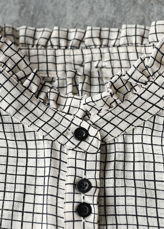 Casual Black White Plaid Ruffled Button Shirt Top Bracelet Sleeve