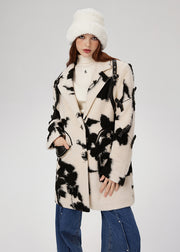 Casual Black White Print Bow Woolen Coats Spring