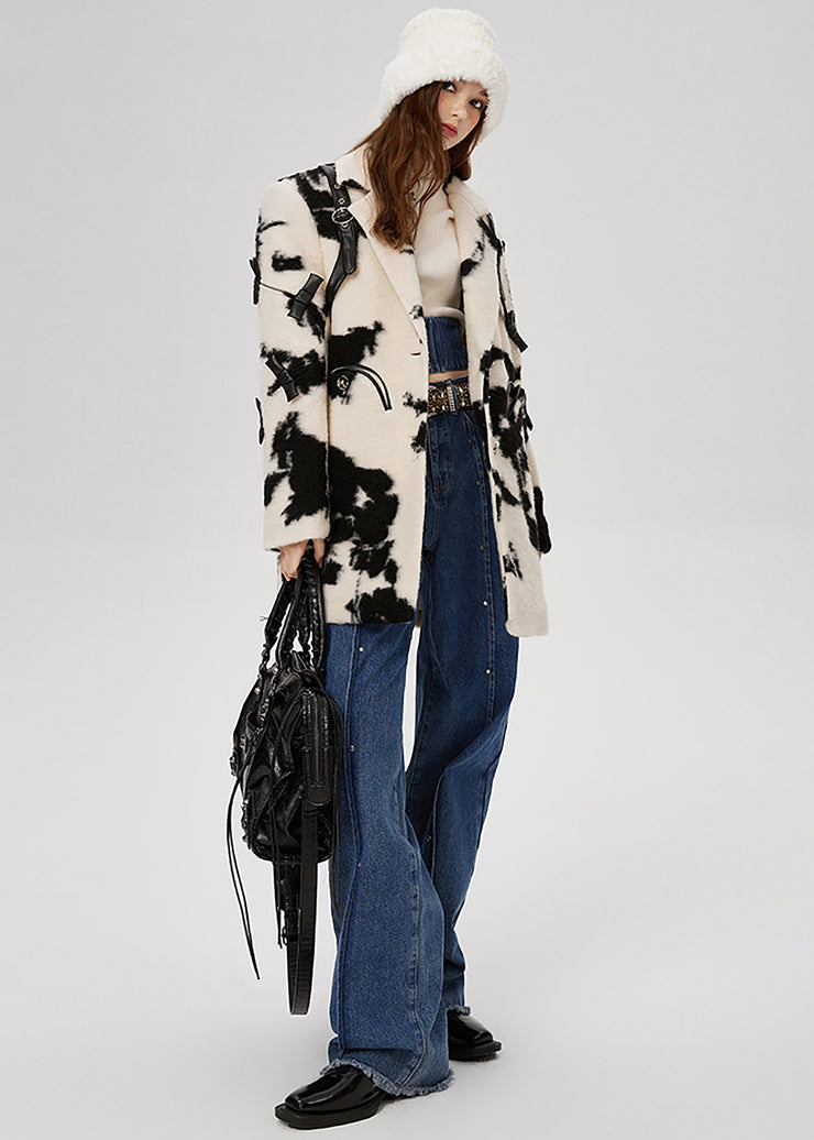 Casual Black White Print Bow Woolen Coats Spring