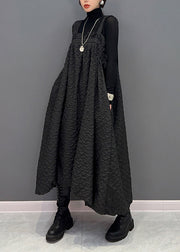 Casual Black Wrinkled Pockets Patchwork Cotton Carpenter Dresses Fall