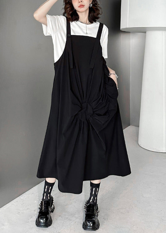 Casual Black Wrinkled Pockets Patchwork Cotton Long Dresses Sleeveless