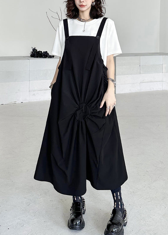 Casual Black Wrinkled Pockets Patchwork Cotton Long Dresses Sleeveless