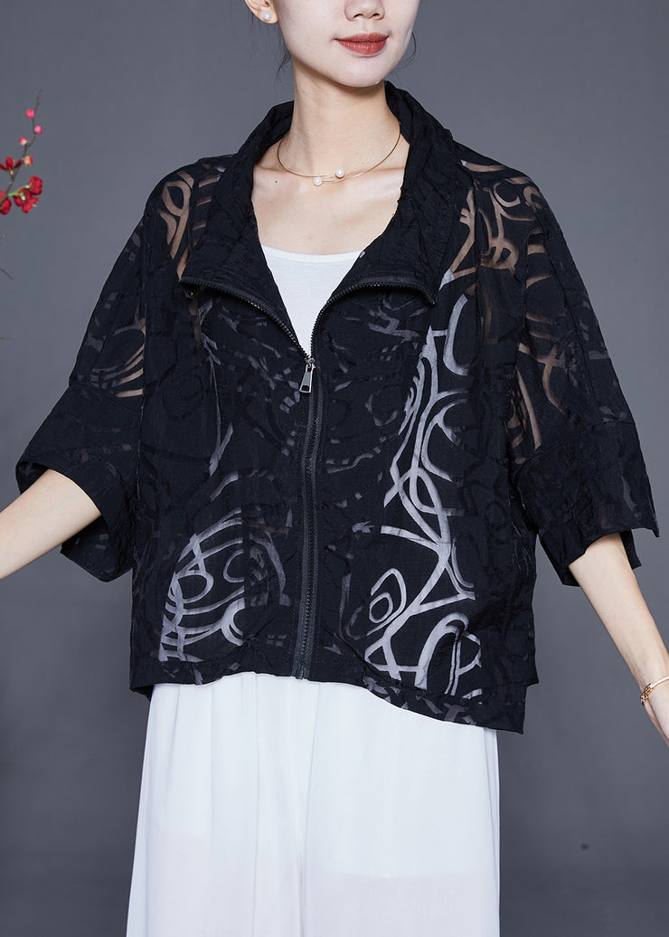 Casual Black Zip Up Hollow Out Cotton Coat Outwear Summer