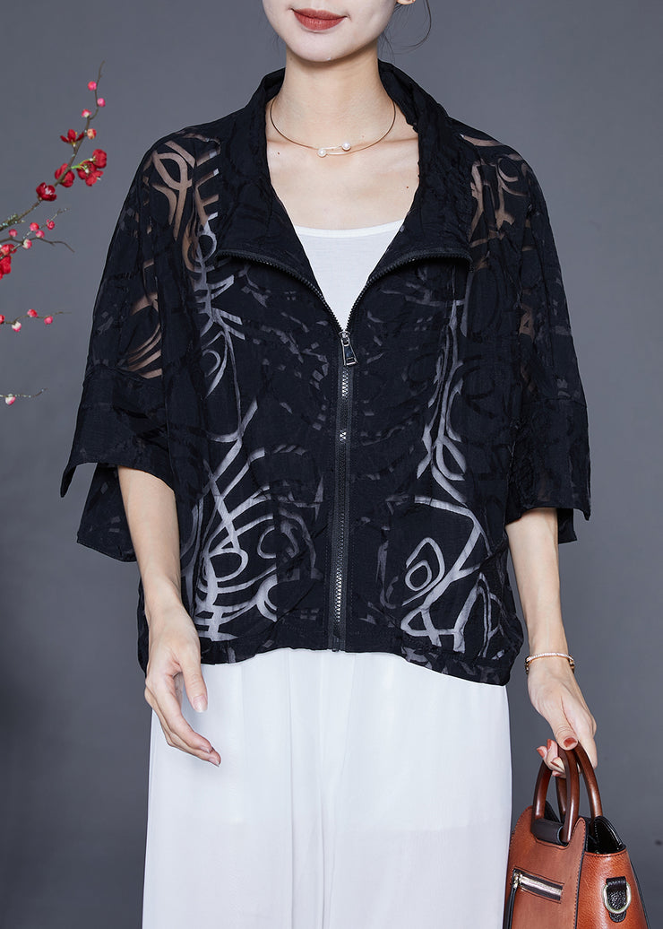 Casual Black Zip Up Hollow Out Cotton Coat Outwear Summer