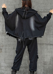 Casual Black Zippered Patchwork Bat Wing Sleeve Fall Hoodies Outwear