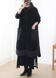 Casual Black Zippered Woolen Hoodies Waistcoat Sleeveless