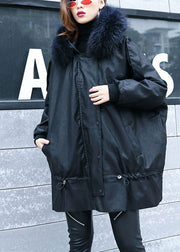 Casual Black hooded Fur collar Warm drawstring Winter Cotton PU