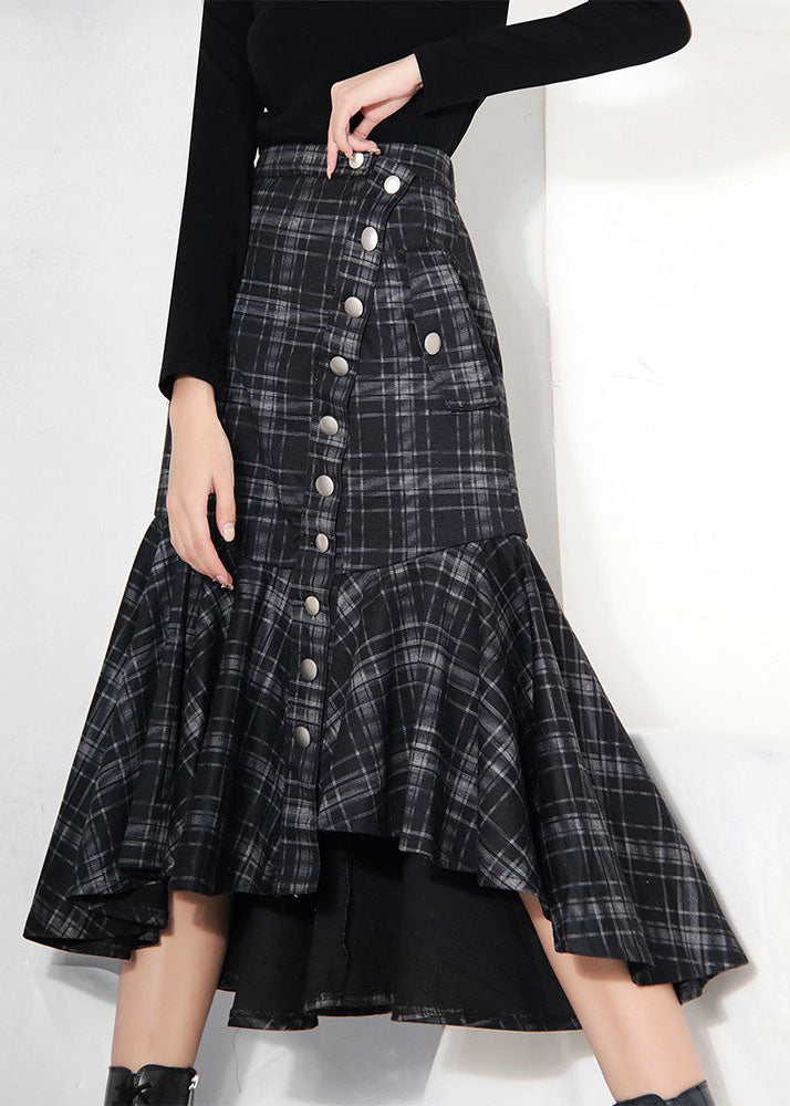 Casual Black low high design Ruffles Plaid Skirt Spring