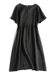 Casual Black tie Patchwork Linen Dresses Short Sleeve