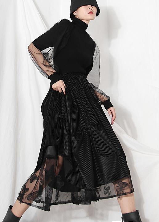 Casual Black velour Patchwork asymmetrical design Skirt - SooLinen