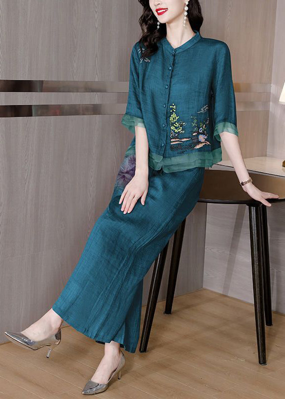 Casual Blackish Green Embroidered Patchwork Linen Two Pieces Set Summer