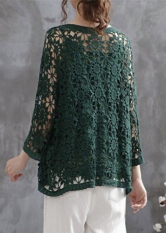 Casual Blackish Green Hollow Out Patchwork Knitting Cotton Cardigan Fall